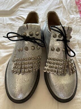 Handmade Silver Leather Oxfords with studded fringe